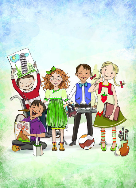 一群孩子，包括坐在轮椅上的男孩，展示着不同的学校活动图片下载