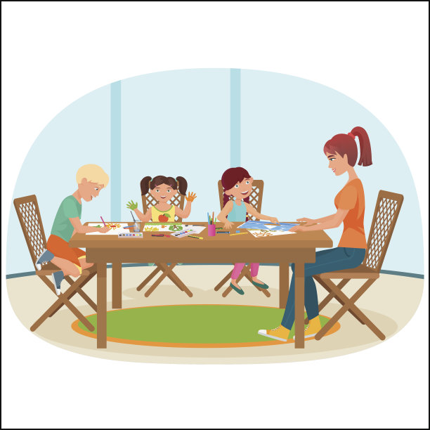 一个女人坐在客厅的桌子上，画着儿童矢量插图。图片下载