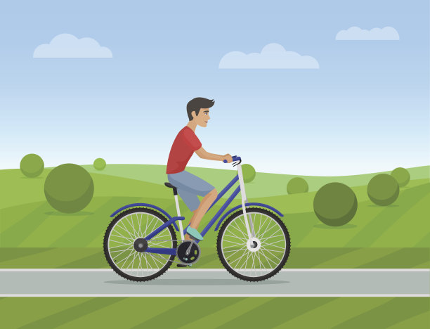 一个年轻人在公园的路上骑着运动自行车。矢量插图。男性自行车图片下载