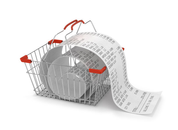 购物篮与商店纸质收据隔离，3d插图。购物的概念图片下载