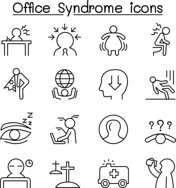 上班族综合征，细线风格的员工健康护理图标集图片下载