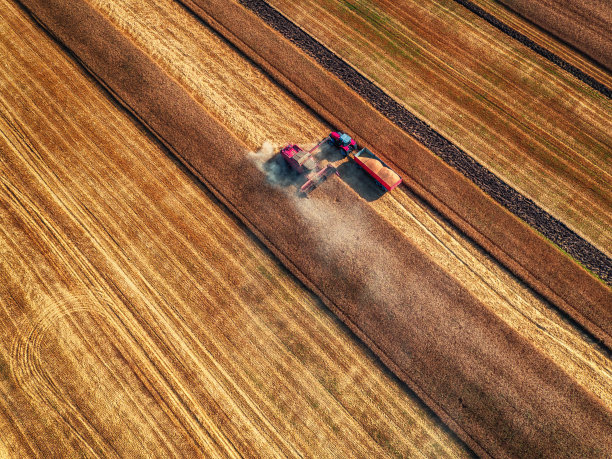 联合收割机农业机械麦田，鸟瞰图图片下载
