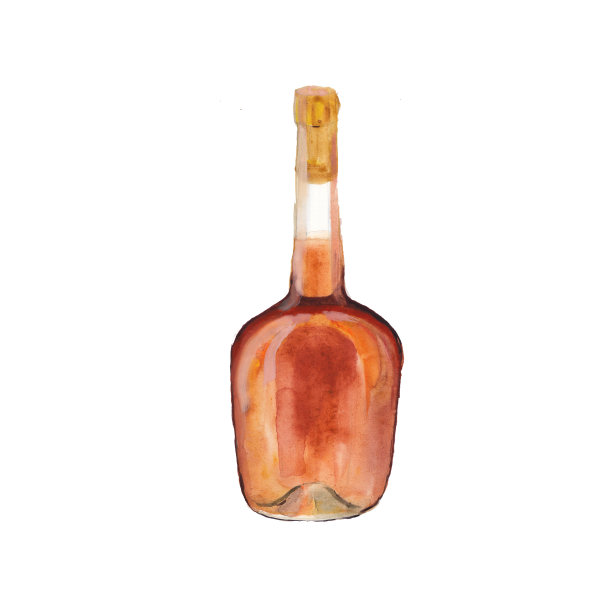 干邑酒瓶被孤立在白色的背景上，手绘水彩插图。图片下载