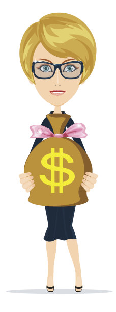 有一袋美元，黄金现金的成功女商人。向量图片下载