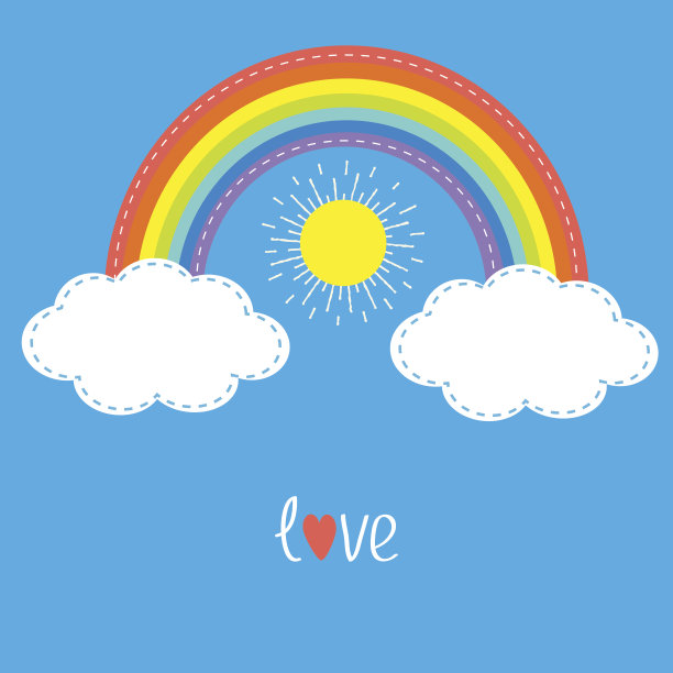 彩虹，云彩和太阳。虚线。爱的名片。平面设计。图片下载