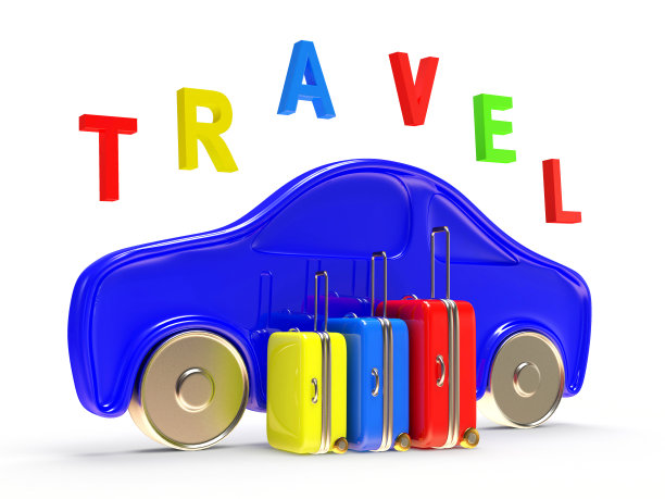 蓝色的汽车，五颜六色的手提箱和文字旅行图片下载