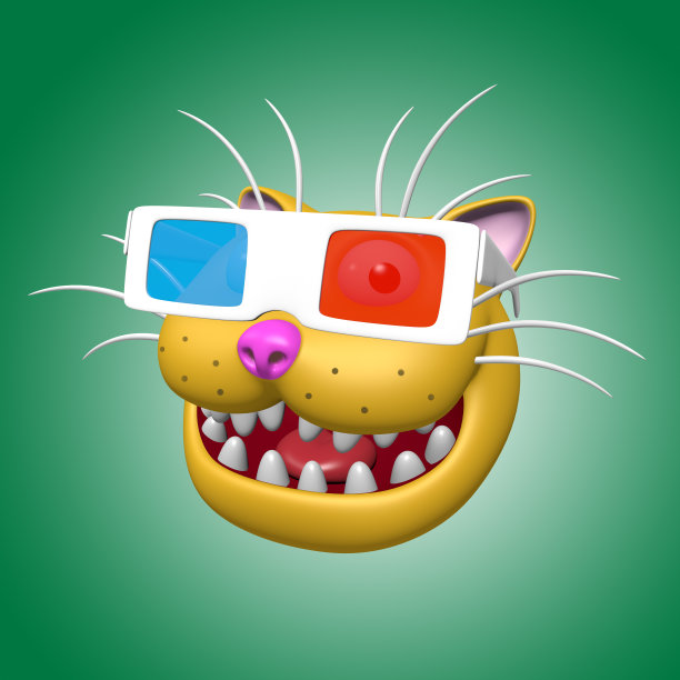 卡通微笑的橙色猫头在3d眼镜。3 d演示。图片下载