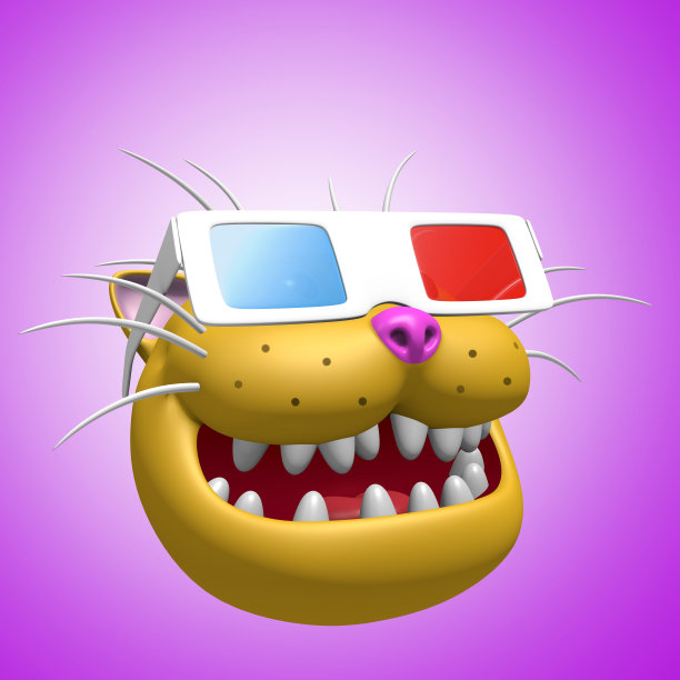 快乐微笑的橙色猫头在3d眼镜。3 d演示。图片下载