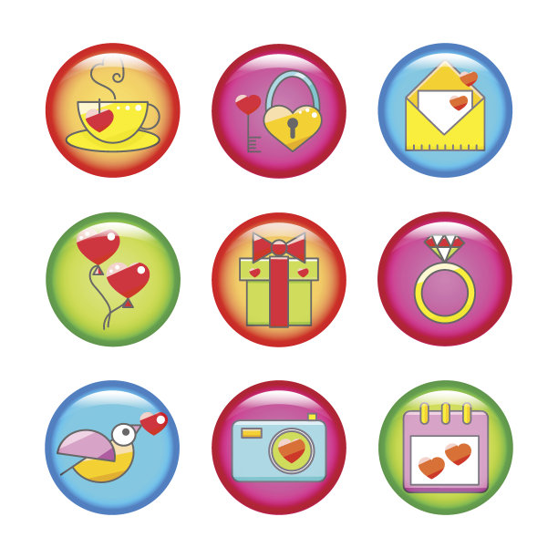 一组按钮与情人节图标。图片下载