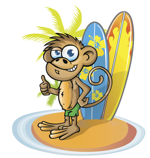 猴子冲浪者卡通岛上与冲浪板图片下载