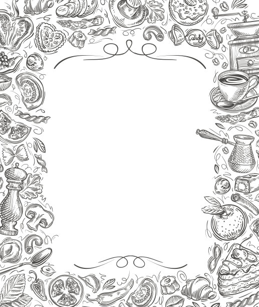 菜单：白色背景上的矢量食物和饮料素描素材图片