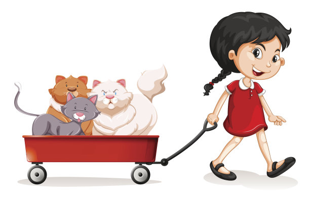 小女孩拉着一辆车上有猫的车图片下载