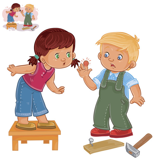 矢量小女孩同情一个小男孩用锤子砸到了手指图片下载