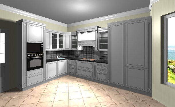 经典风格的白色厨房3D渲染设计图片下载