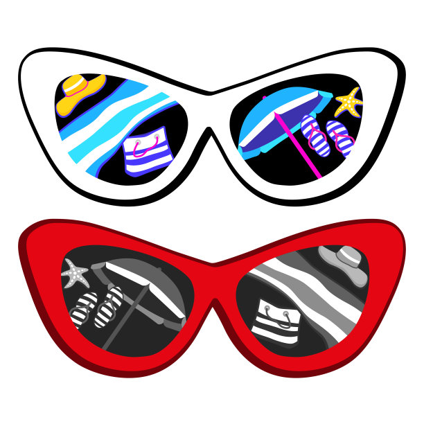 太阳眼镜与日落的倒影在海滩上。图片下载