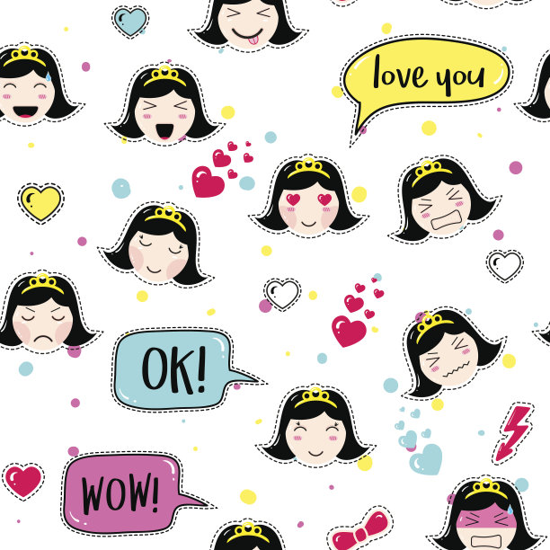 亚洲风格无缝图案与动漫表情女孩图片下载
