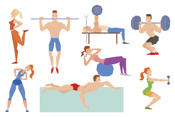 卡通体育健身馆的人们在健身球上集体锻炼图片下载