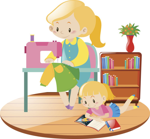母亲在房间缝衣服，孩子在房间看书图片下载