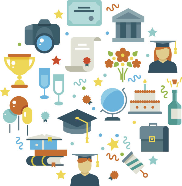毕业日和学习矢量概念与毕业派对图标图片下载