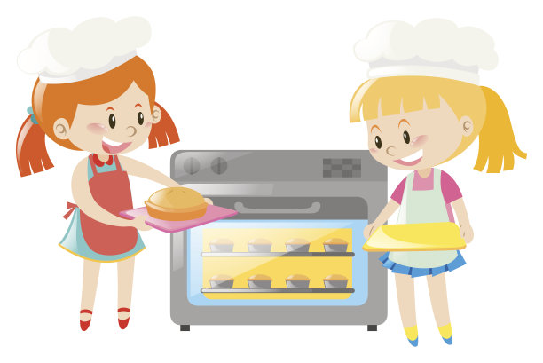 两个女孩在烤箱里烤派图片下载