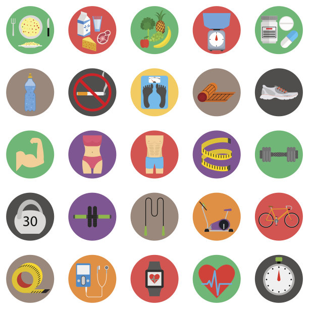 健身运动和健康彩色平面设计图标集图片下载
