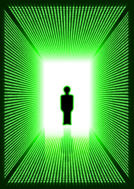 深绿色的数字走廊与男人的剪影图片下载