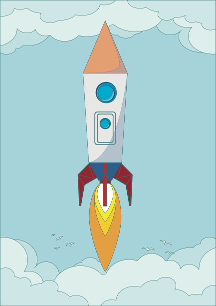 火箭在蔚蓝晴朗的天空中飞行，矢量图图片下载