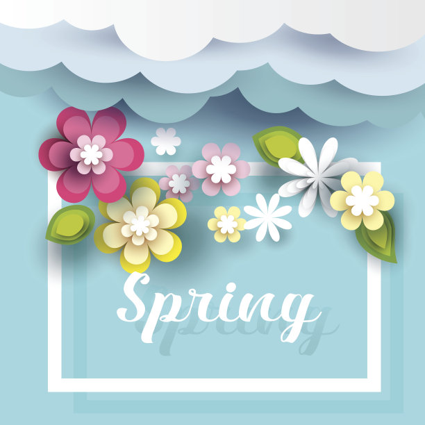 夏季销售横幅用花，云，为促销，纸艺术风格，矢量图片下载