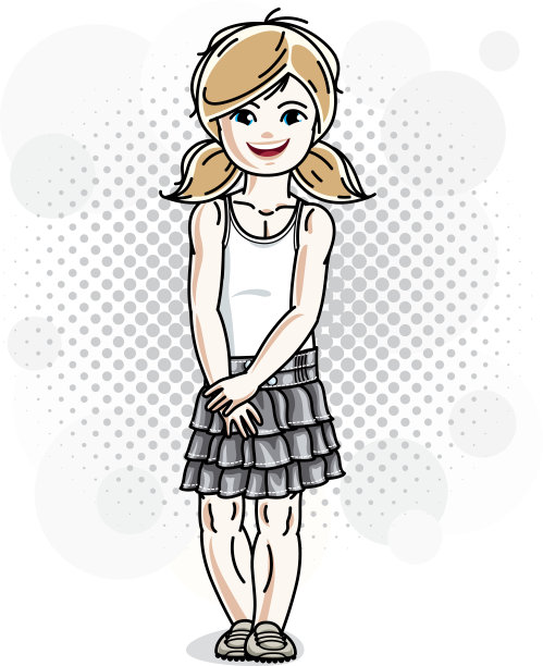 可爱快乐的金发女孩穿着牛仔裤摆姿势。向量的性格。图片下载