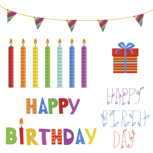 贺卡与生日蜡烛在明亮的颜色与文字生日快乐。图片下载