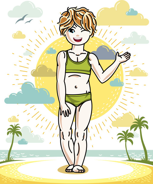 美丽快乐的小红发女孩与棕榈树在热带海滩摆姿势。向量迷人的孩子插图穿游泳衣。图片下载