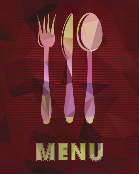勺子，叉子和刀在抽象的三角形背景上。图片下载