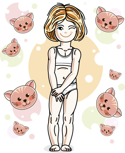 可爱快乐的红发小女孩穿着内衣和小猫摆姿势的背景。向量的性格。睡眠时间的主题。图片下载