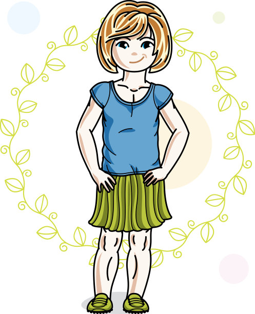 快乐的红发小女孩穿着时尚的休闲服装，在春天的背景下与绿色的树叶摆姿势。向量的性格。图片下载