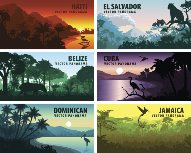 加勒比和中美洲国家的全景矢量集-海地，牙买加，多米尼加，古巴，萨尔瓦多，伯利兹。素材图片