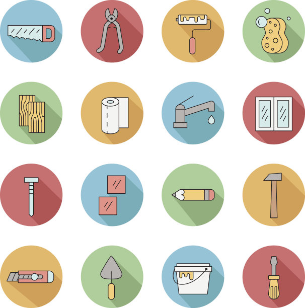 家居维修和建设轮廓圆矢量图标。第二部分。图片下载