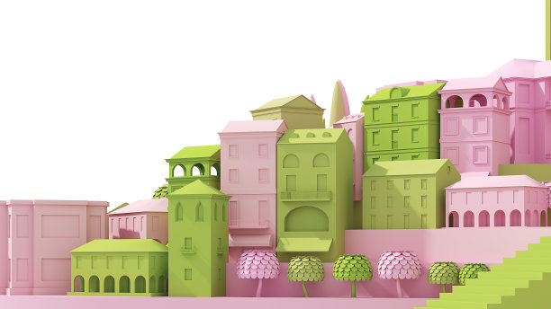 迷你玩具老城概念粉红色和绿色孤立在白色，3d渲染图片下载