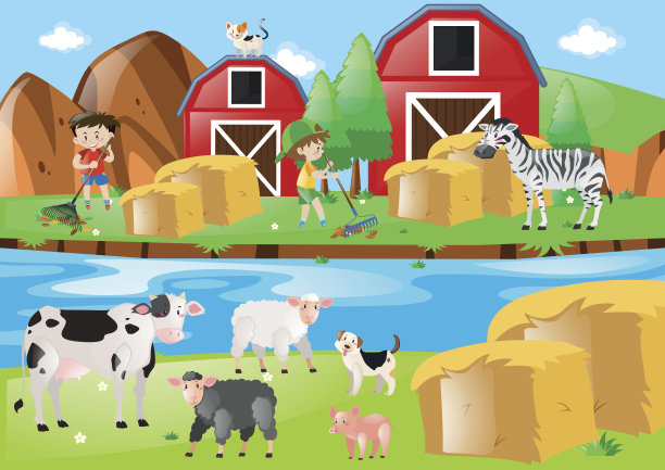 孩子们在扫树叶的农场场景图片下载