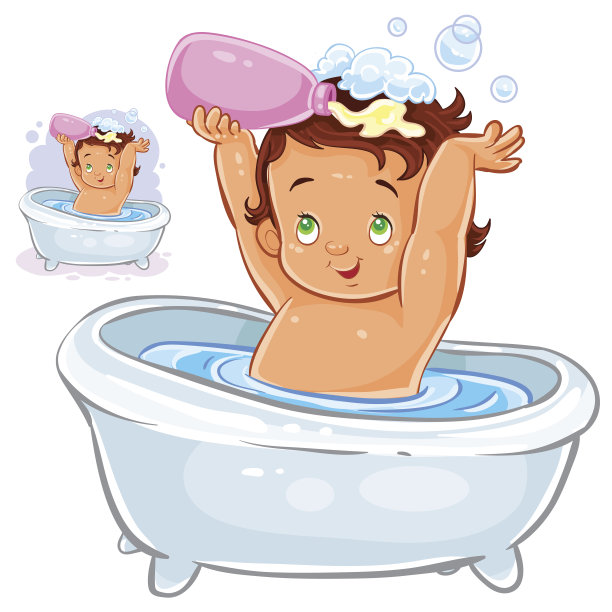 矢量插图的一个小孩坐在浴室和倒洗发水在他的头上。图片下载
