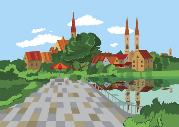 湖边的卡通公园图片下载