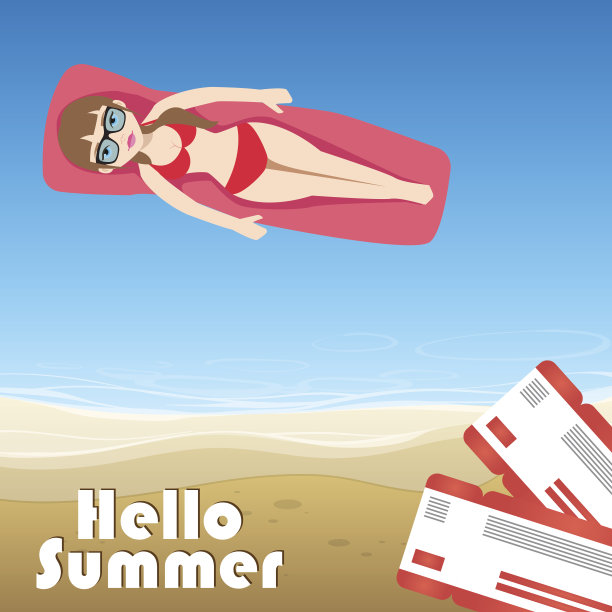 暑假旗帜。矢量插图顶视图的海滩和海与女孩在床垫上图片下载