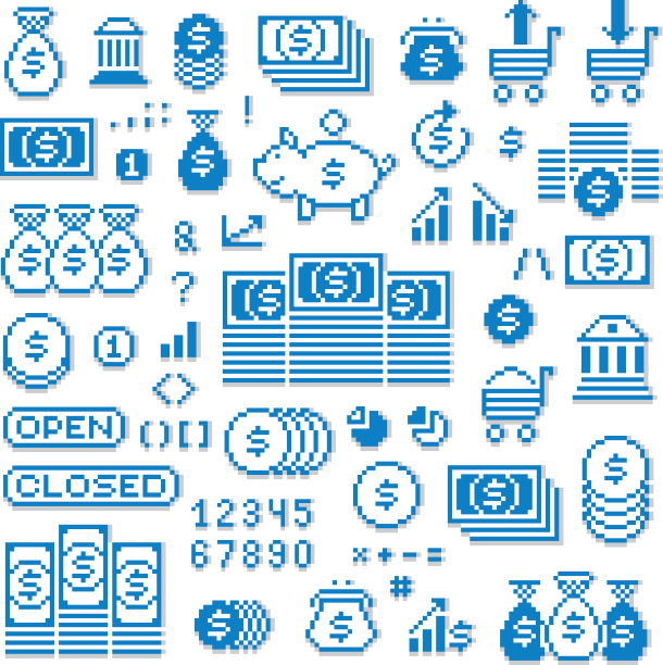 矢量像素图标孤立，8位图形元素的集合。以商业和金融为主题的简单数字标牌。图片下载