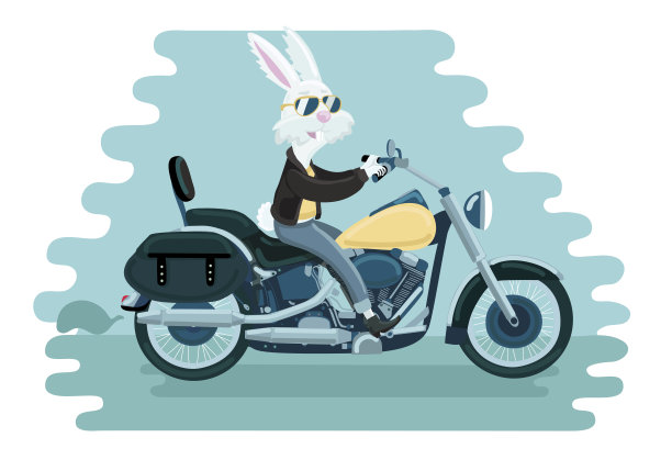 一只兔子安装在摩托车的背景卡通风格的插图。图片下载