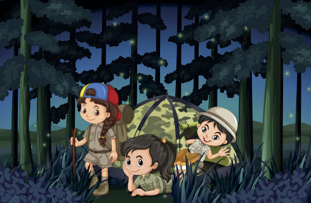 女孩们晚上在森林里露营图片下载