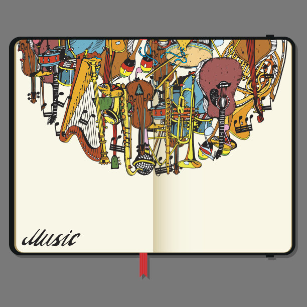 矢量速写簿与铅笔和手绘涂鸦。收藏乐器。音乐和娱乐时间概念。图片下载