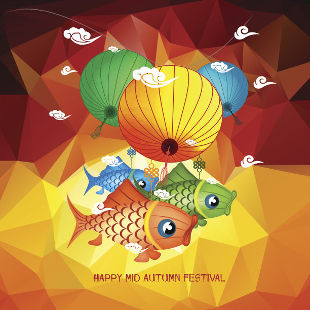 中秋节的多边形背景与鲤鱼灯笼素材图片