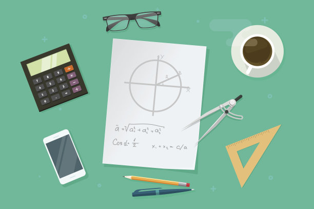 纸与几何数学公式和绘图图形，尺子，钢笔，铅笔矢量，学校课程学习对象，教育思想工作桌顶视图，数学科学家庭作业素材图片