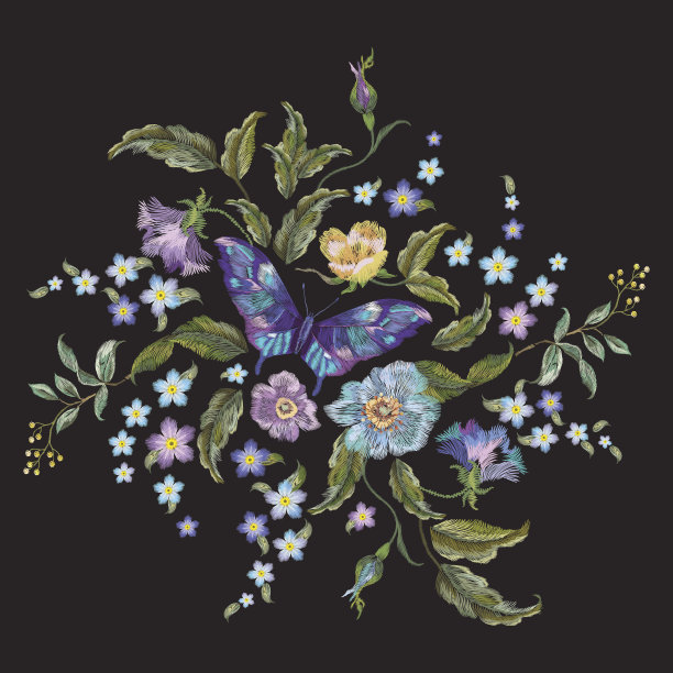 刺绣鲜艳的趋势花卉图案与花和蝴蝶。图片下载