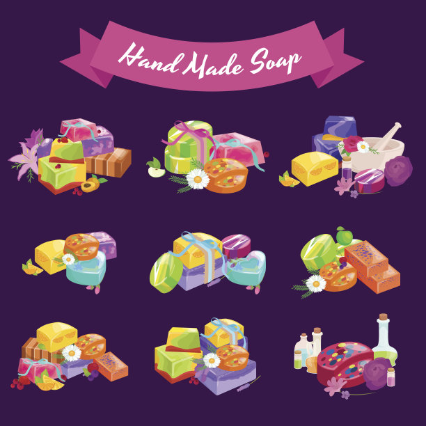 自制肥皂、鲜花和精油。矢量图标设置图片下载