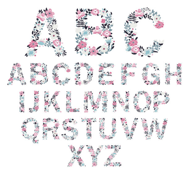 花的字母表。矢量孤立的插图在白色的背景图片下载